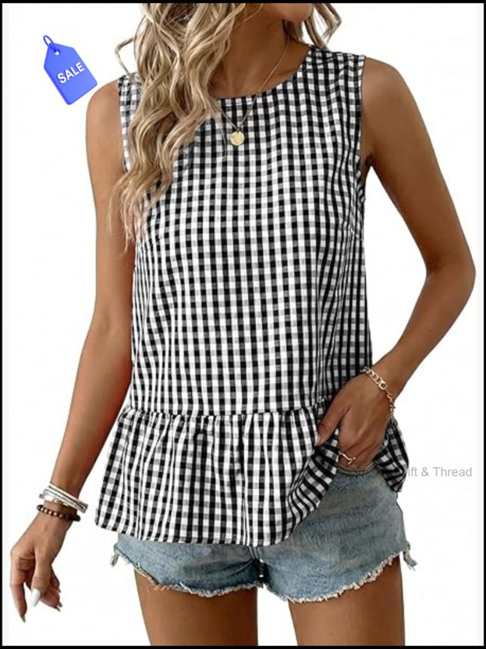 Women Gingham Sleeveless Ruffle Peplum Tank Blouse Business Casual Dressy